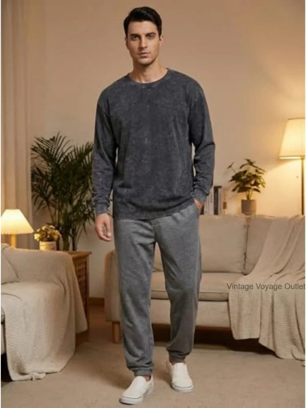 Vintage Washed Men's Long Sleeve Crew Neck Heavyweight Cotton Tee, Oversized